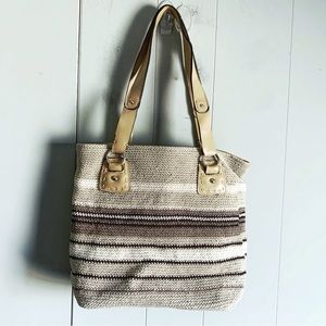 Vintage Tan Striped Woven Nylon Shoulder Hand Bag